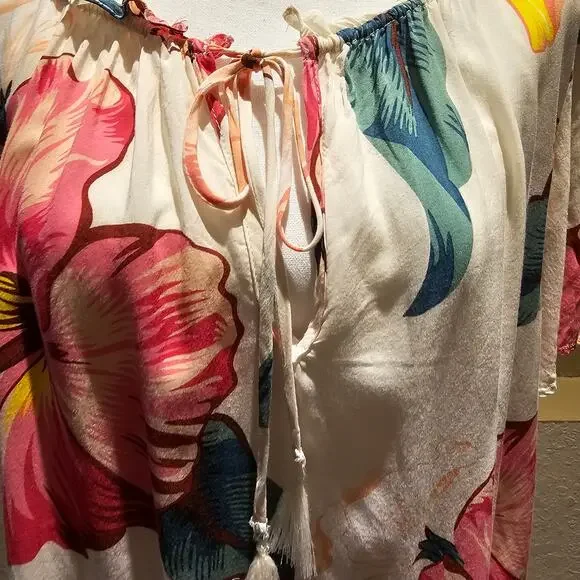 Farm Rio XL Boho Floral Blouse Top Statement Summer Resort Vacay Hibiscus Beach - Picture 7 of 9